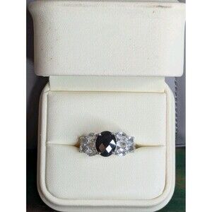 Black Spinel Checkerboard & Topaz Ring, Oval - Size 9